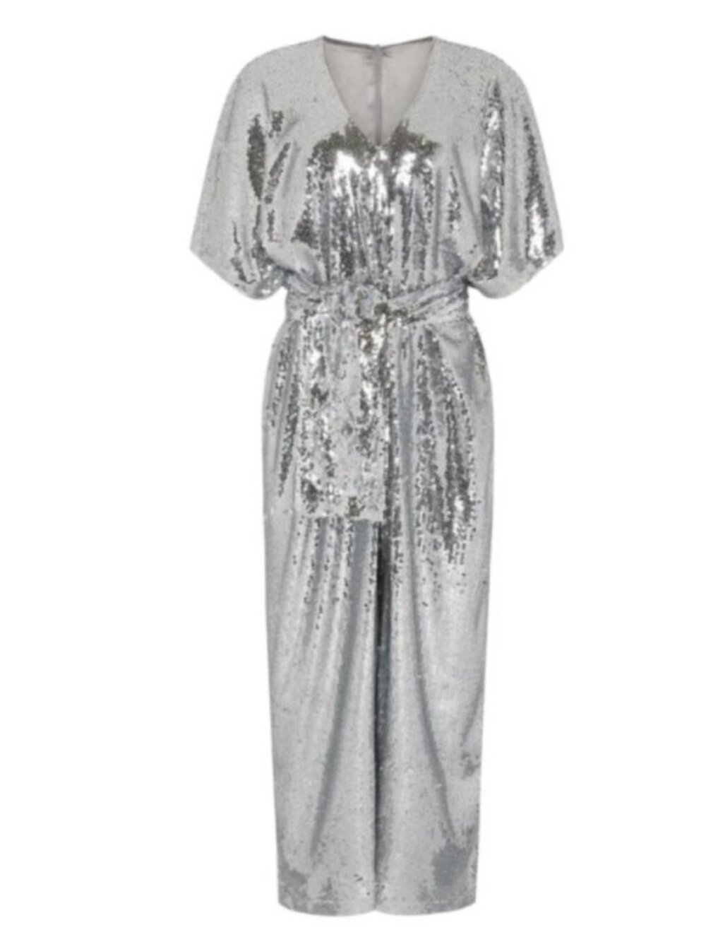 NALÈ Silver Sequin Palazzo Jumpsuit, Sz 12 / UK 16, Silk‑Lined, Retails $442